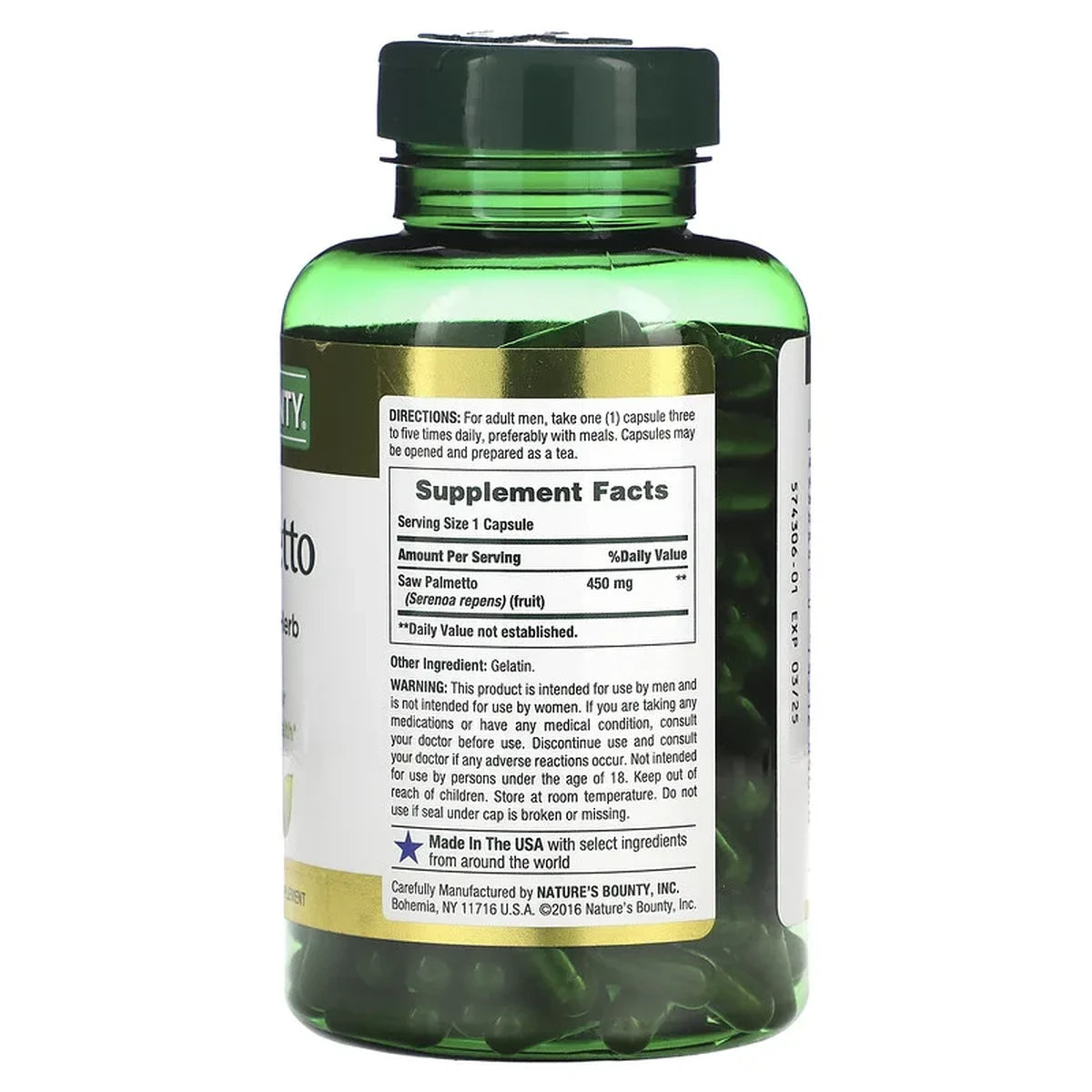 Saw Palmetto Natural Whole Herb 450 Mg Capsules For Men Health By Natures Bounty 1.38Oz(Pack of 12)
