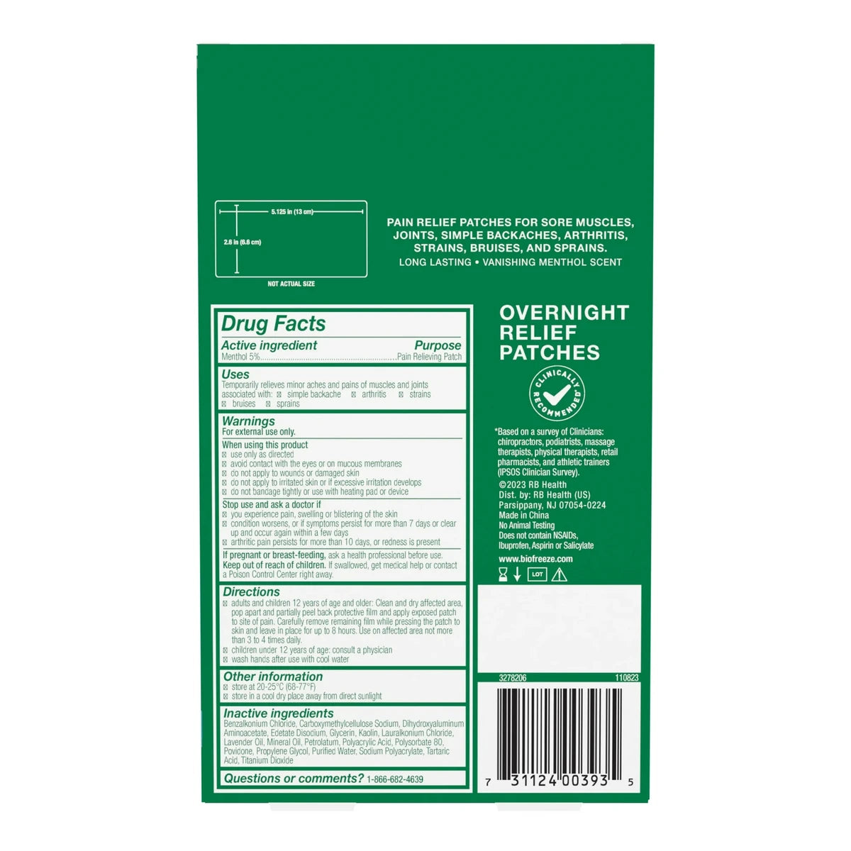 Biofreeze Overnight Joint and Muscle Pain Relief Patches 4oz (Pack of 24)