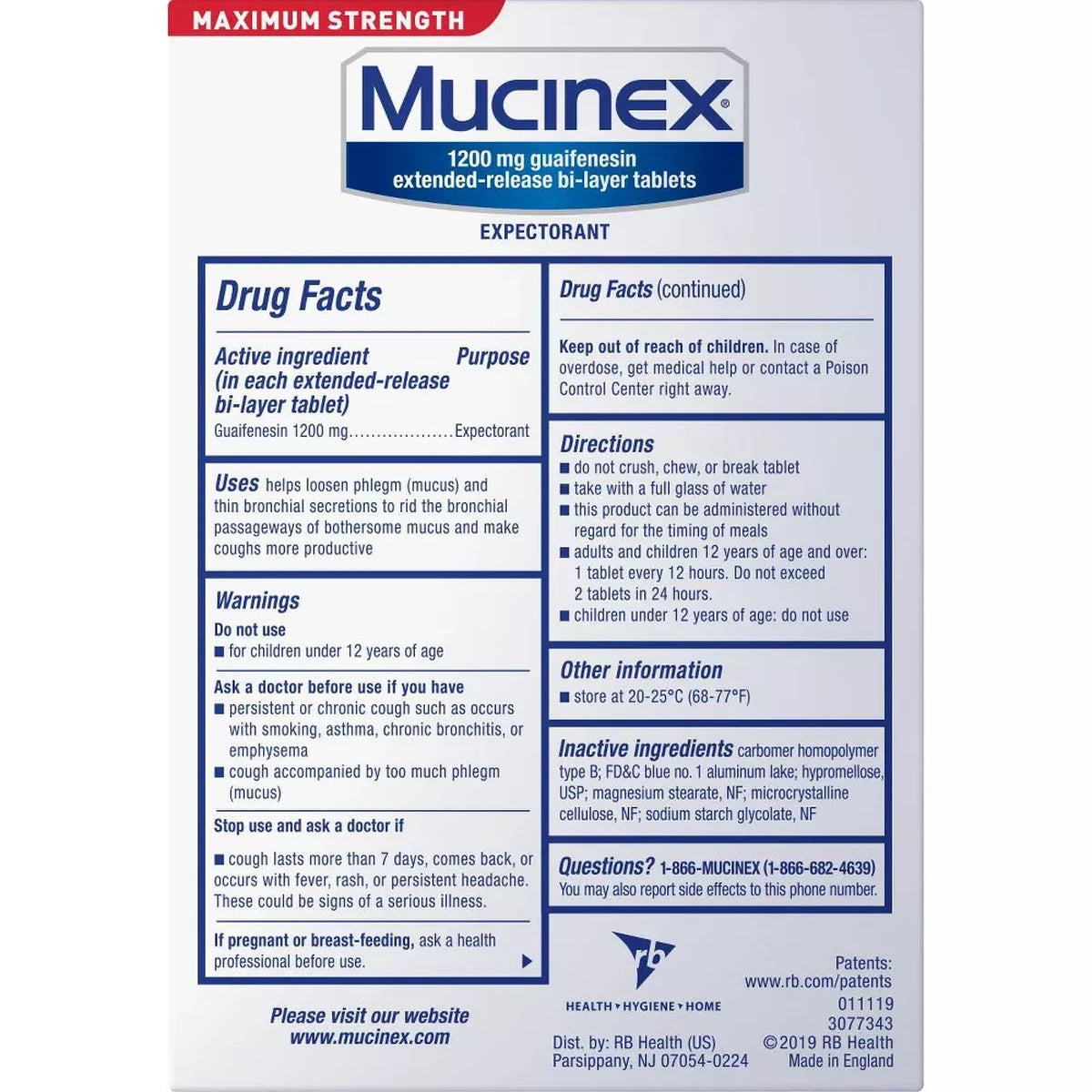 Mucinex Maximum Strength 12-Hour Chest Congestion Expectorant Tablets 0.07Oz (Pack Of 12)