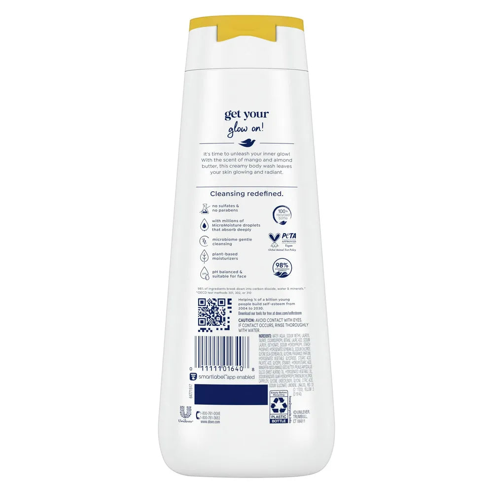 Dove Glowing Mango Butter and Almond Butter Body Wash 20Oz (Pack of 4)