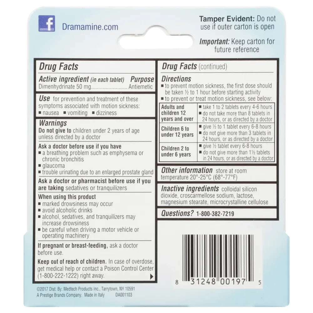 Dramamine Original Formula Fast Acting Motion Sickness Relief Tablets12 Ea 0.64oz (Pack of 48)