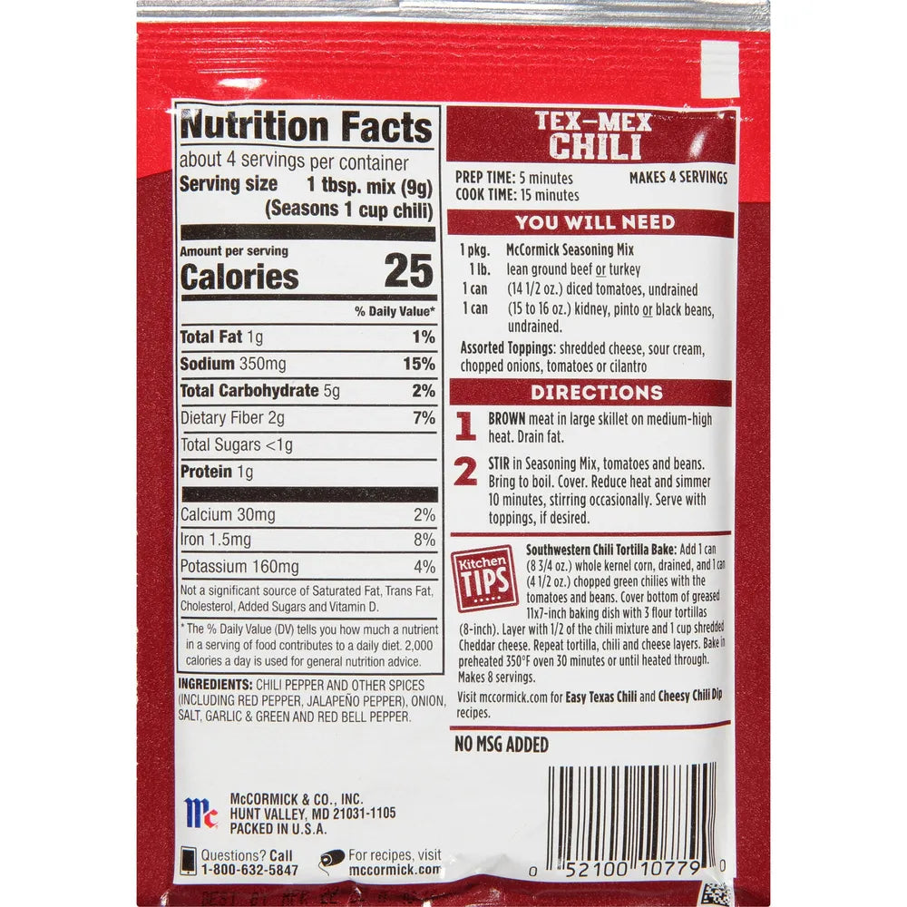 Mccormick Tex-Mex Chili Seasoning Mix 1.25Oz (Pack Of 12)