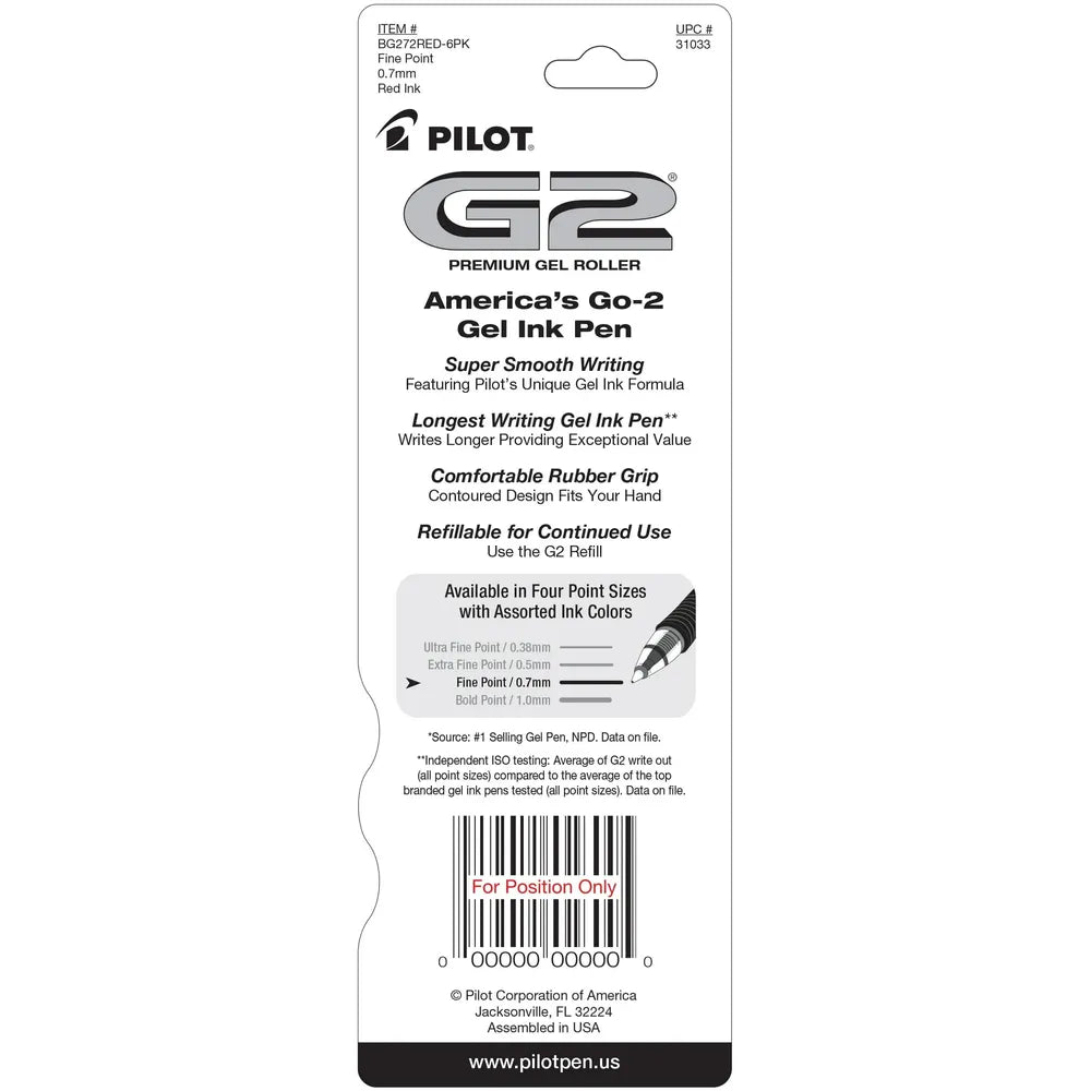 Pilot G2 Premium Gel Roller Pens Fine Point 0.7 mm Red Ink 0.634oz (Pack of 144)