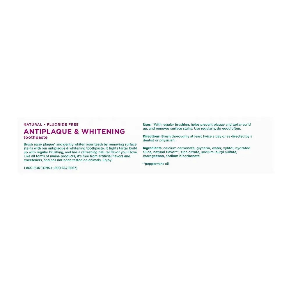 Toms of Maine Antiplaque and Whitening Natural Toothpaste Peppermint Flavor 4.5Oz (Pack of 24)