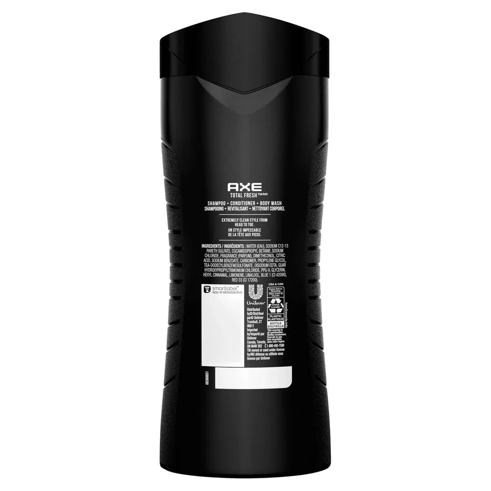Axe Clean All Over Total Fresh 3-in-1 Body Wash Shampoo & Conditioner 16Oz (Pack of 4)