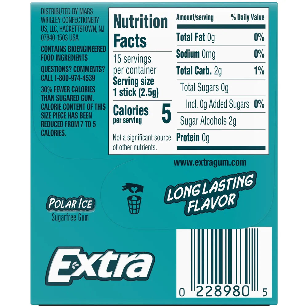 Wrigleys Extra Sugar Free Chewing Gum Polar Ice - 15 Sticks 10 Pack 0.11Oz (Pack Of 120)