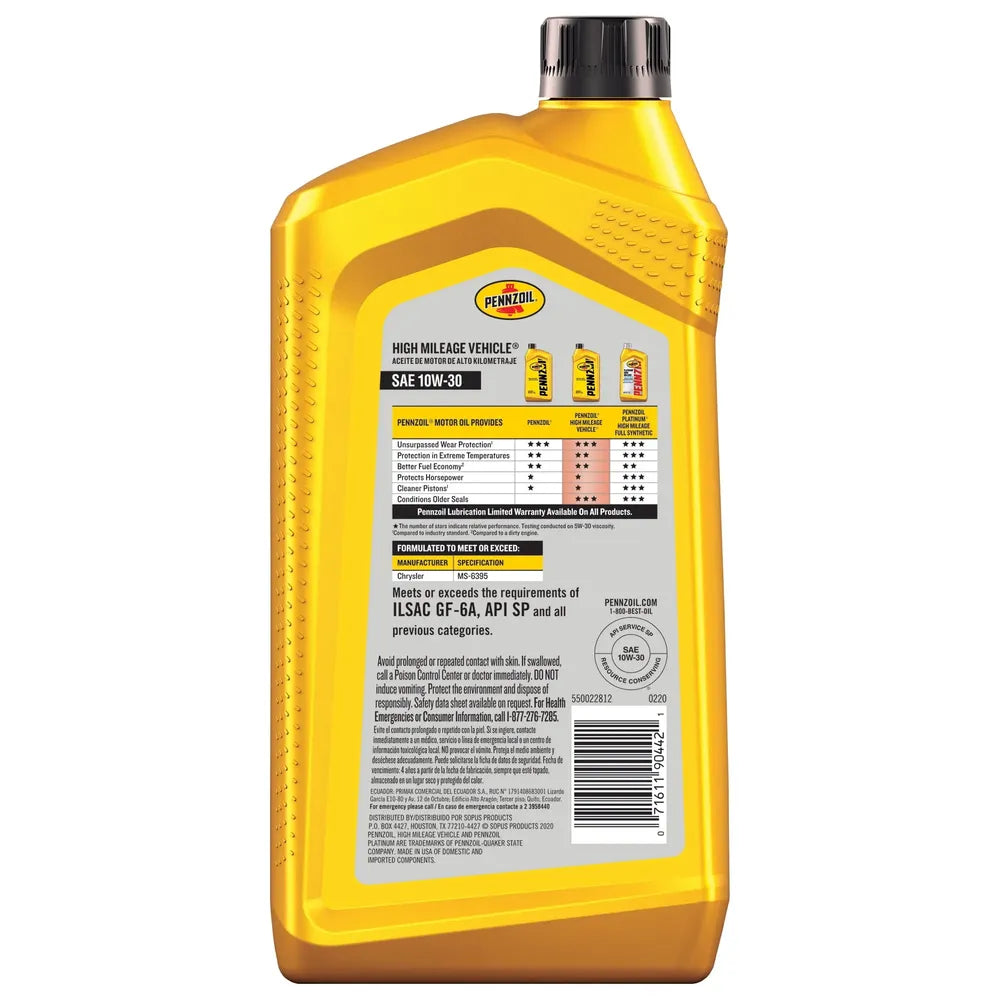 Pennzoil High Mileage Motor Oil 10W-30, 1 qt 32oz (Pack of 6)