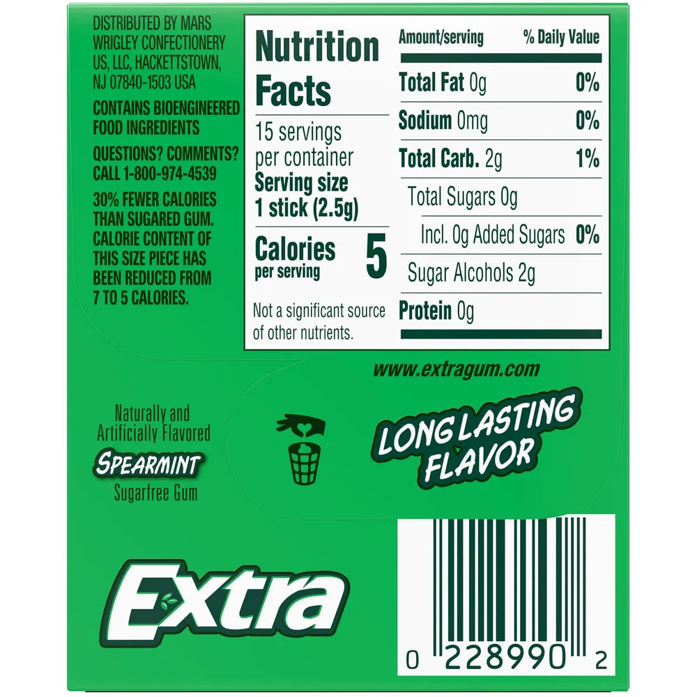 Wrigleys Extra Sugar Free Chewing Gum Spearmint - 15 Sticks/Pack 10 Ea 0.11Oz (Pack Of 120)