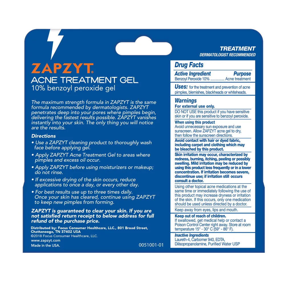 Zapzyt Maximum Strength 10% Benzoyl Peroxide Acne Treatment Gel 1Oz (Pack of 24)