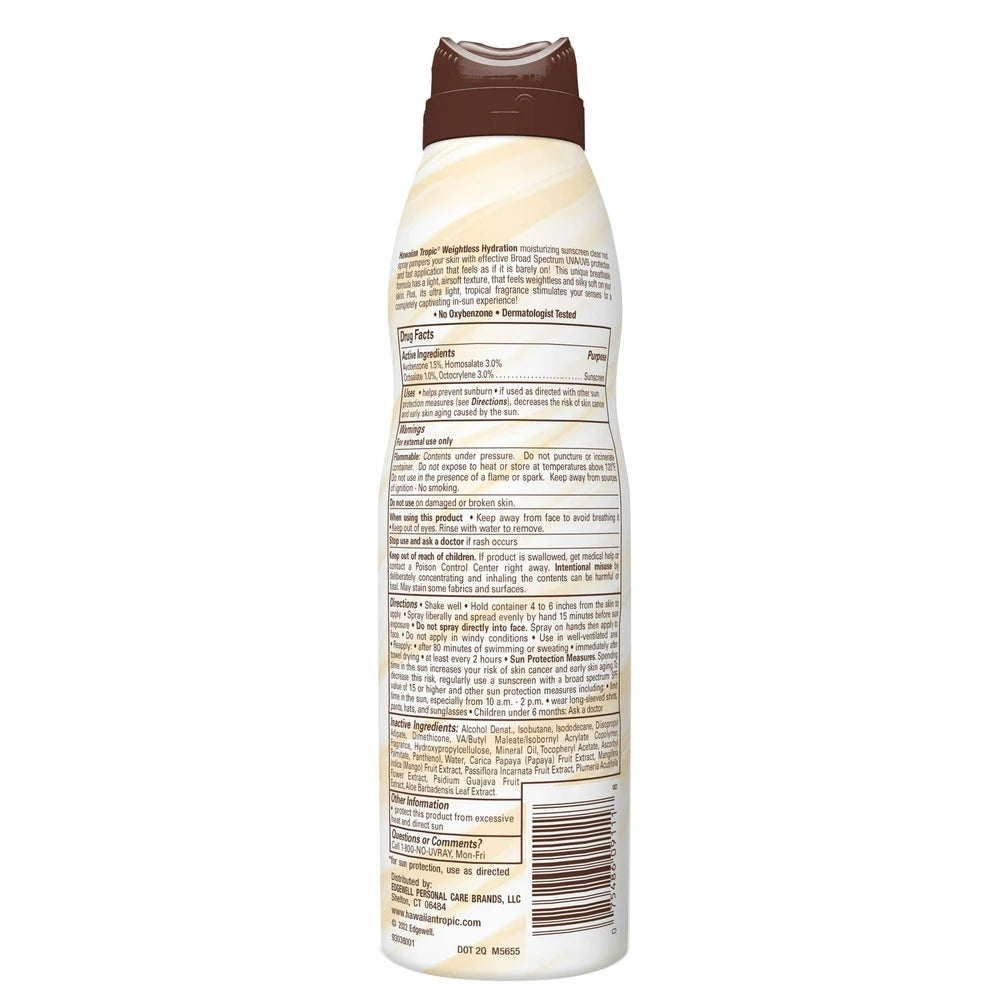 Hawaiian Tropic Weightless Hydration Clear Spray Sunscreen SPF 15 6Oz (Pack of 12)