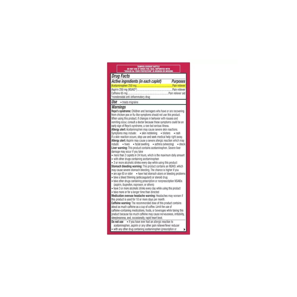 Excedrin Migraine Pain Reliever Caplets - Acetaminophen/Aspirin (NSAID) - 100ct 3.21 Oz (Pack of 24)