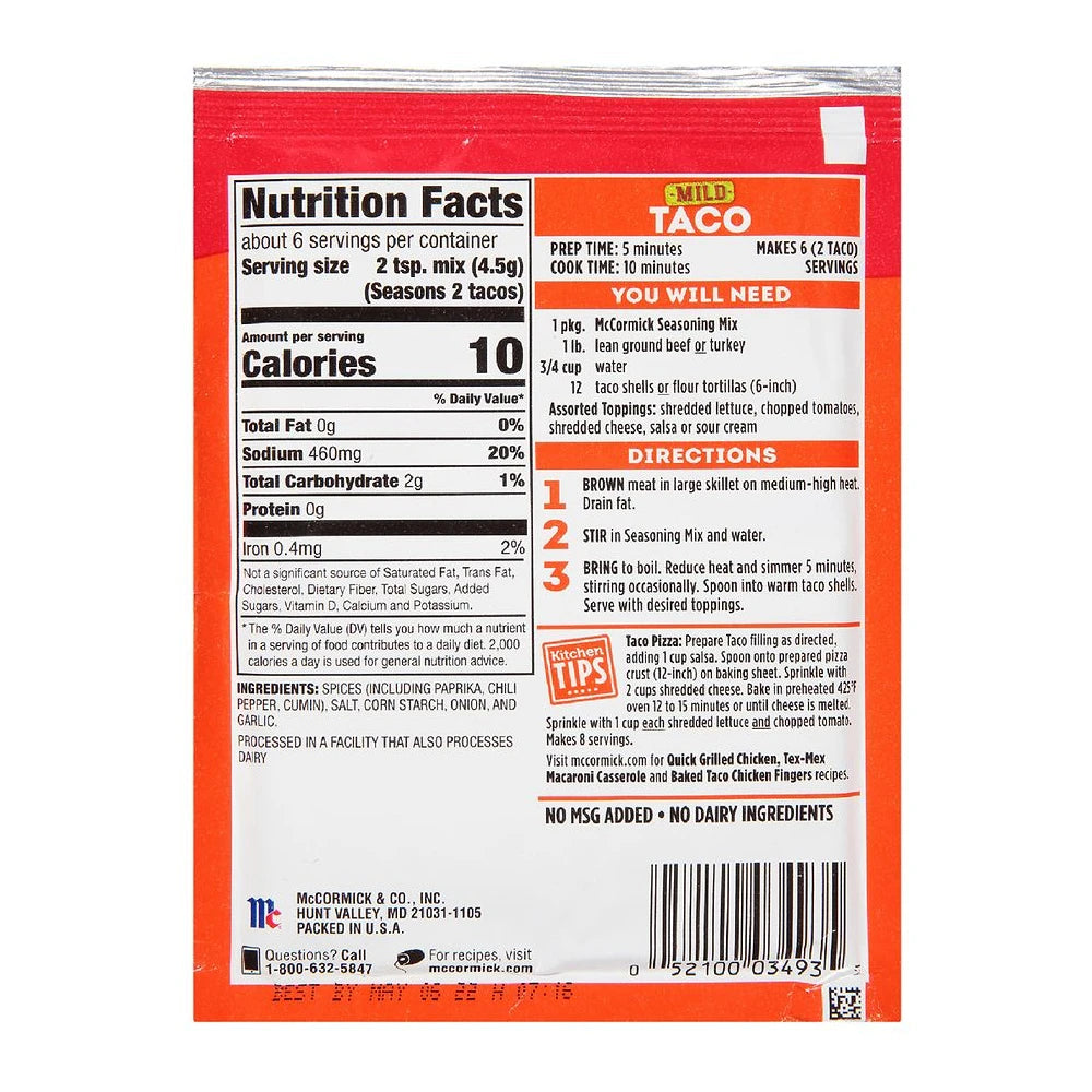 McCormick Mild Taco Seasoning Mix 1 Envelope 1Oz (Pack of 24)