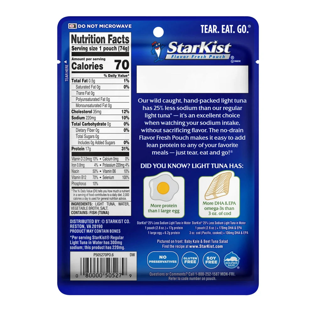 StarKist 25% Less Sodium Light Tuna in Water Pouch 2.6 Oz (Pack of 24)