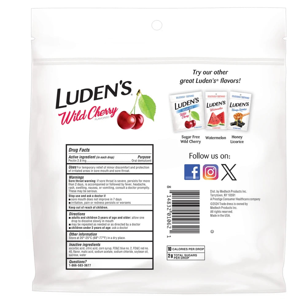 Luden's Soothing Throat Lenge Drops for Sore & Irritated Throats - Wild Cherry 12.64 Oz (Pack of 24)