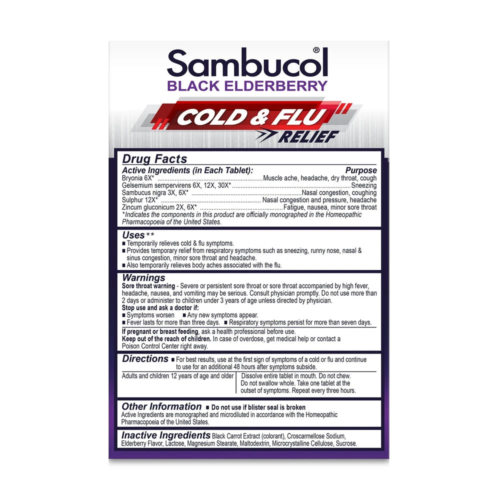 Sambucol Black Elderberry Homeopathic Cold & Flu Relief Tablets - 30Ct 0.48 Oz (Pack Of 24)