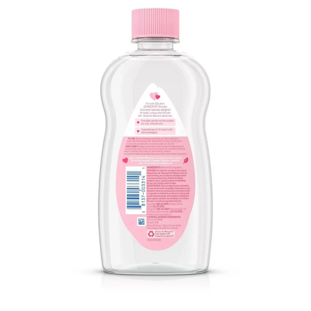 Johnson's Baby Oil, Pure Mineral Oil to Prevent Moisture Loss, Original, 14 fl Oz (Pack of 24)