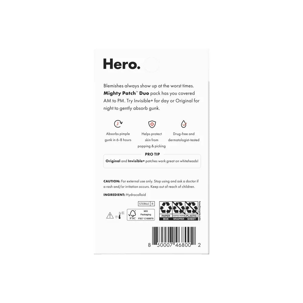 Hero Cosmetics Mighty Patch Duo 6 Original + 6 Invisible Patches 0.1 Oz (Pack Of 24)