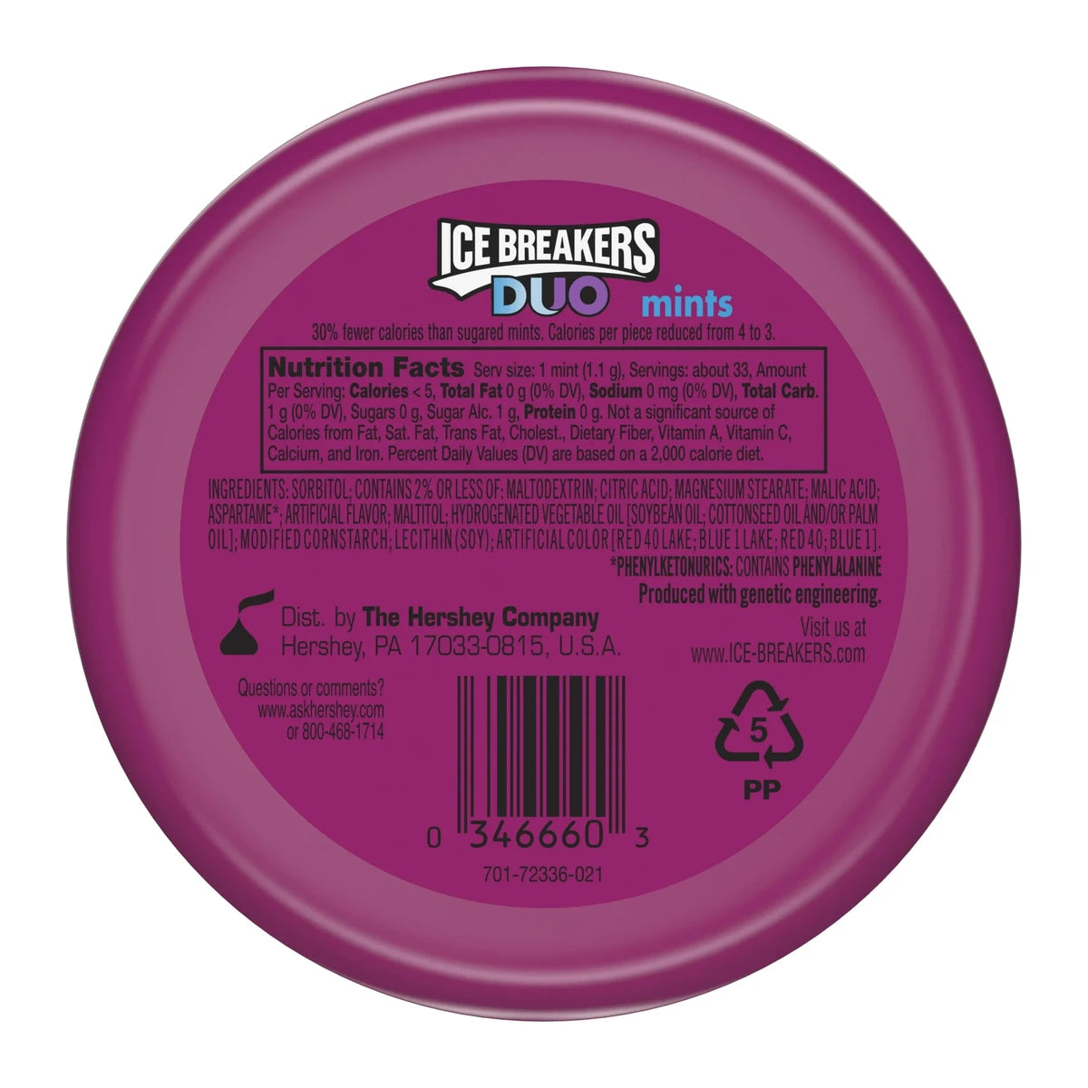 Hersheys Ice Breakers Duo Fruit Plus Cool Raspberry Mints 1.3Oz (Pack of 192)