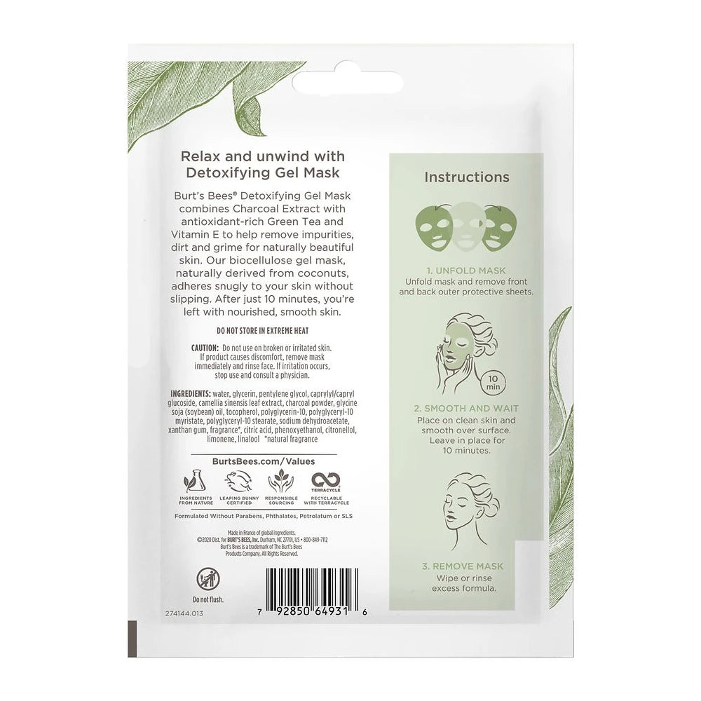 Burt's Bees Detoxifying Biocellulose Gel Mask with Charcoal and Green Tea (Pack of 48)