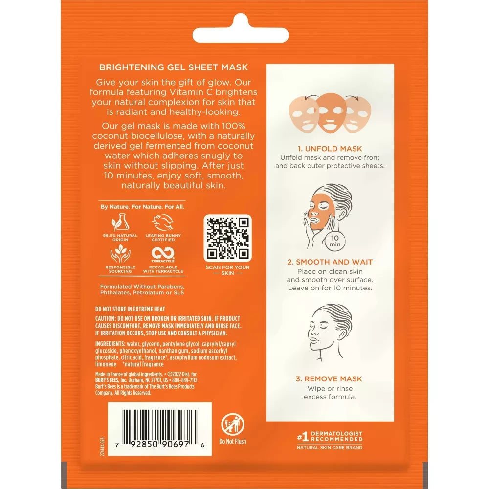 Burts Bees Brightening Biocellulose Gel Face Mask with Mandarin Extract Single U (Pack of 48)