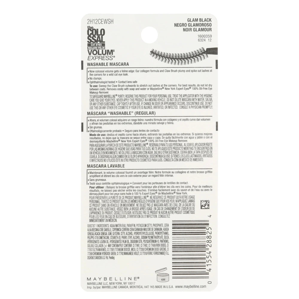 Maybelline Volum Express the Falsies Colossal Cat Eyes Washable Mascara, Glam Black [233], 0.31 Oz (Pack of 72)