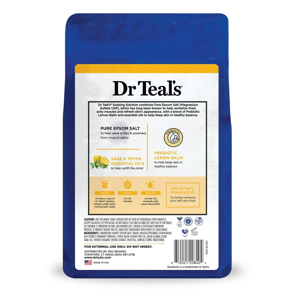 Dr Teal's Prebiotic Lemon Balm & Essential Oils Pure Epsom Salt Soaking Solution 48 Oz (Pack of 4)