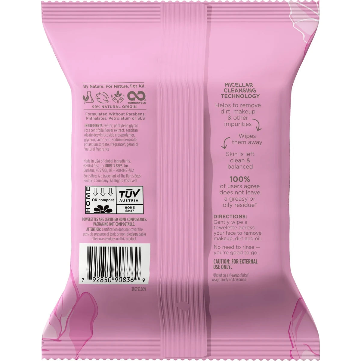 Burts Bees Micellar Makeup Removing Facial Cleansing Towelettes Rose Water 5.1oz (Pack of 12)