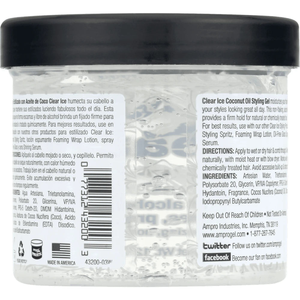 Ampro Clear Ice Coconut Oil Styling Gel 12 oz. Moisturizing Unisex 12oz (Pack of 6)