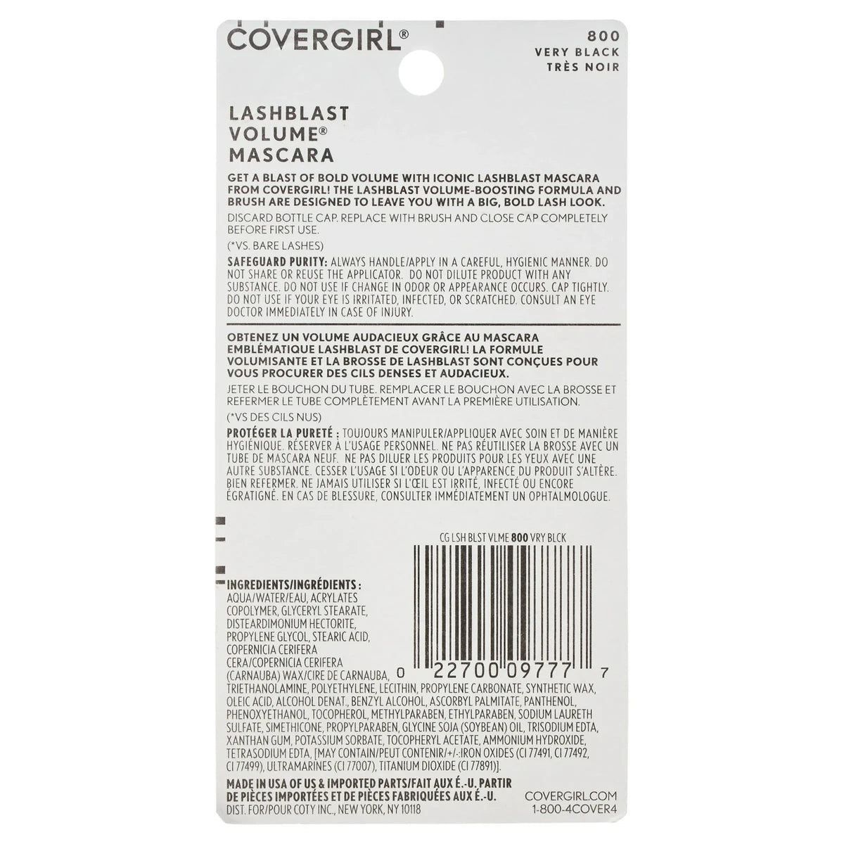 Cover Girl Lashblast Volume Waterproof Mascara Very Black #800 0.44Oz (Pack of 72)