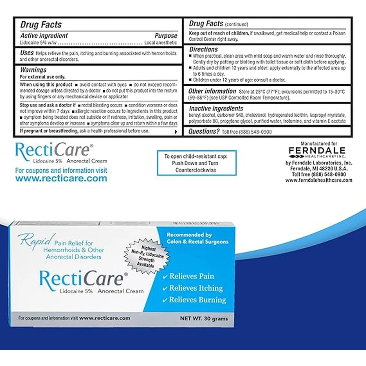 RectiCare Lidocaine 5 Percent Anorectal Cream 1.0Oz (Pack of 144)