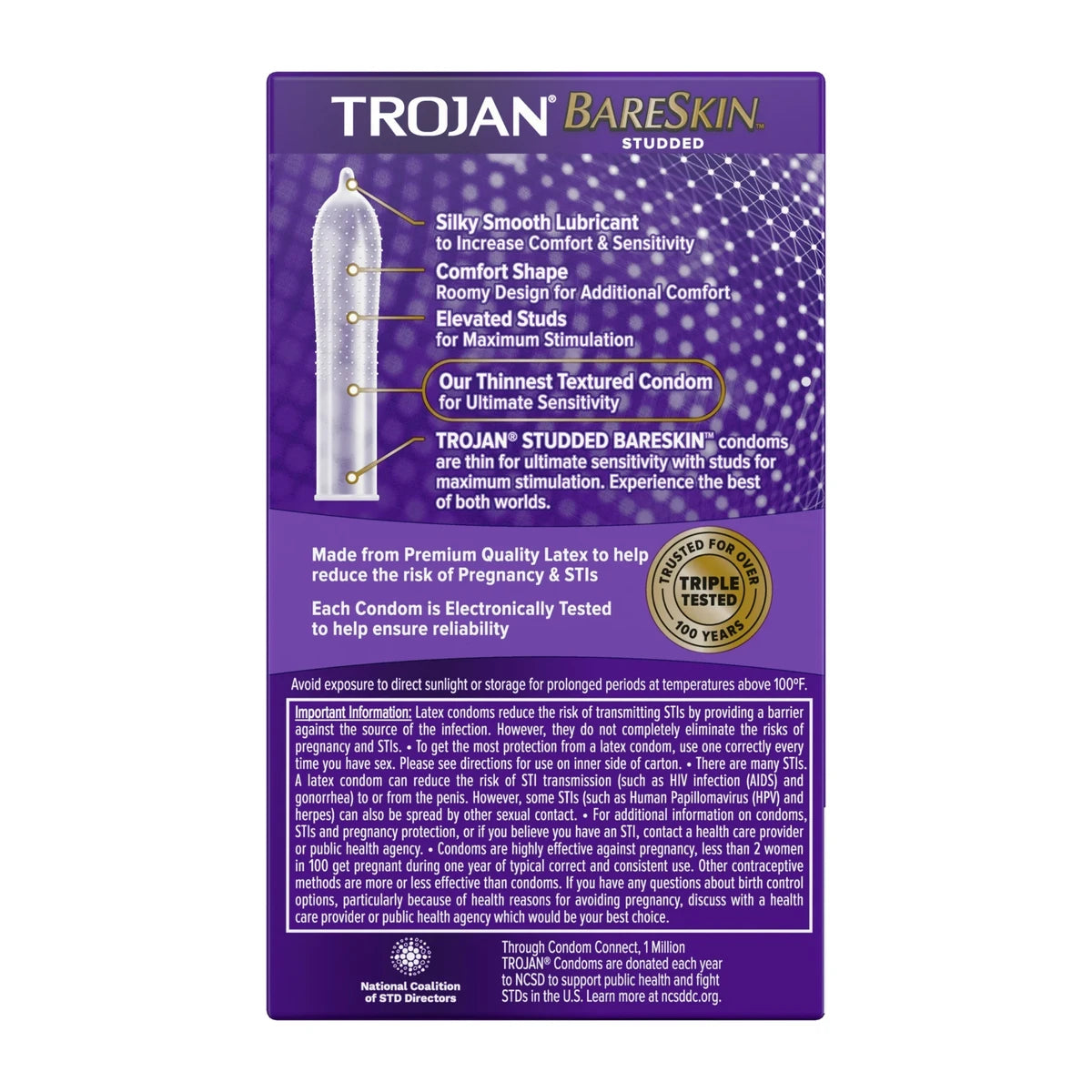 Trojan Studded Bareskin Lubricated Condoms 0.2 Oz (Pack Of 48)