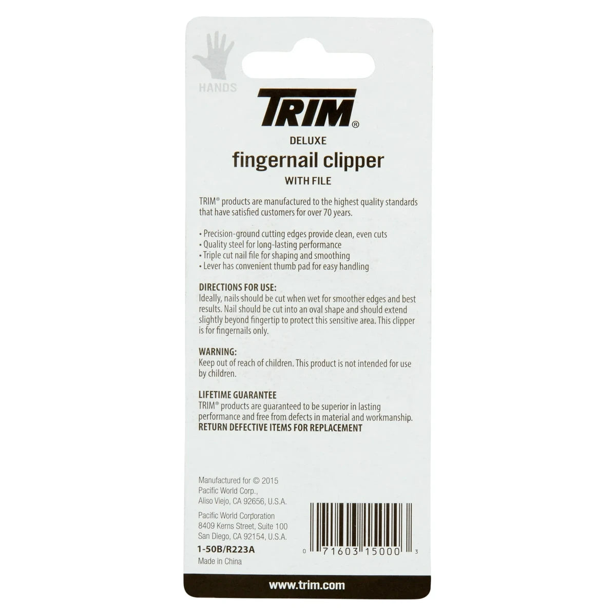 Trim Deluxe Quality Steel Fingernail Clipper with File 3.2Oz (Pack of 24)