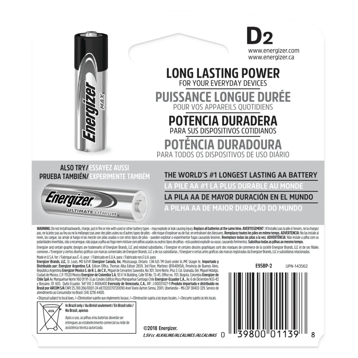 Energizer Max D Alkaline Batteries D 5.8Oz (Pack of 12)