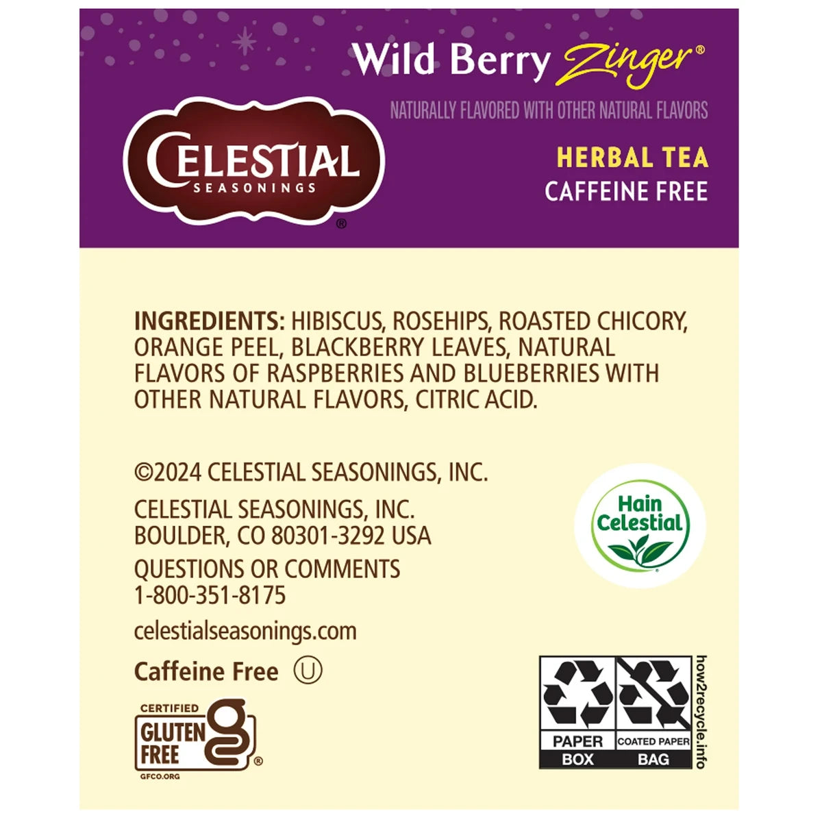 Celestial Seasonings Caffeine Free Wild Berry Zinger Natural Herbal Tea 20 Bags 1.7Oz (Pack Of 6)