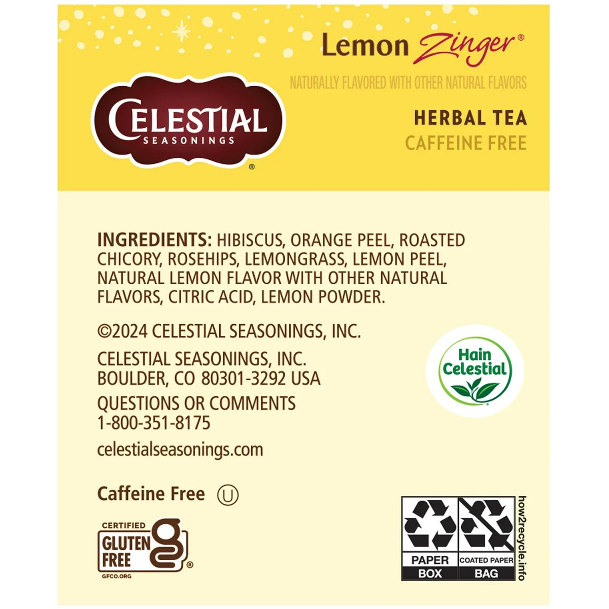 Celestial Seasonings Lemon Zinger Caffeine Free Natural Herb Tea 20 Bags 1.7Oz (Pack Of 6)