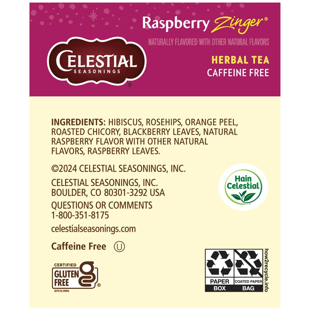Celestial Seasonings Raspberry Zinger Natural Herb Tea20 Bags 1.6Oz (Pack Of 6)