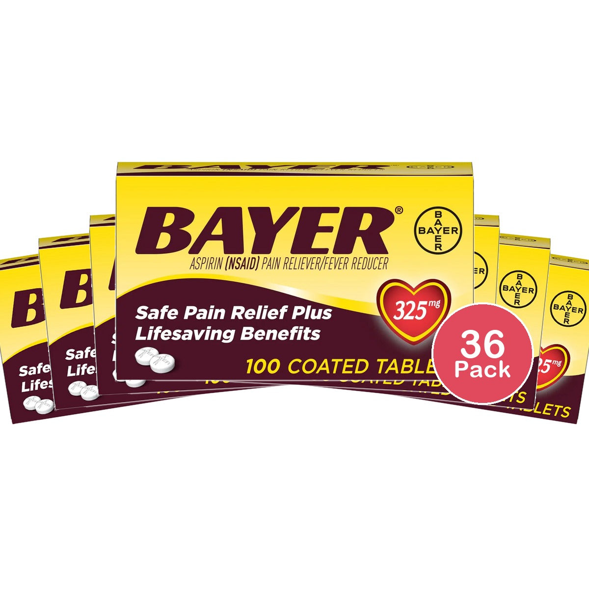 Bayer Aspirin Pain Reliever 325Mg Tablets - 100 Tablets 2.9oz (Pack of 36)