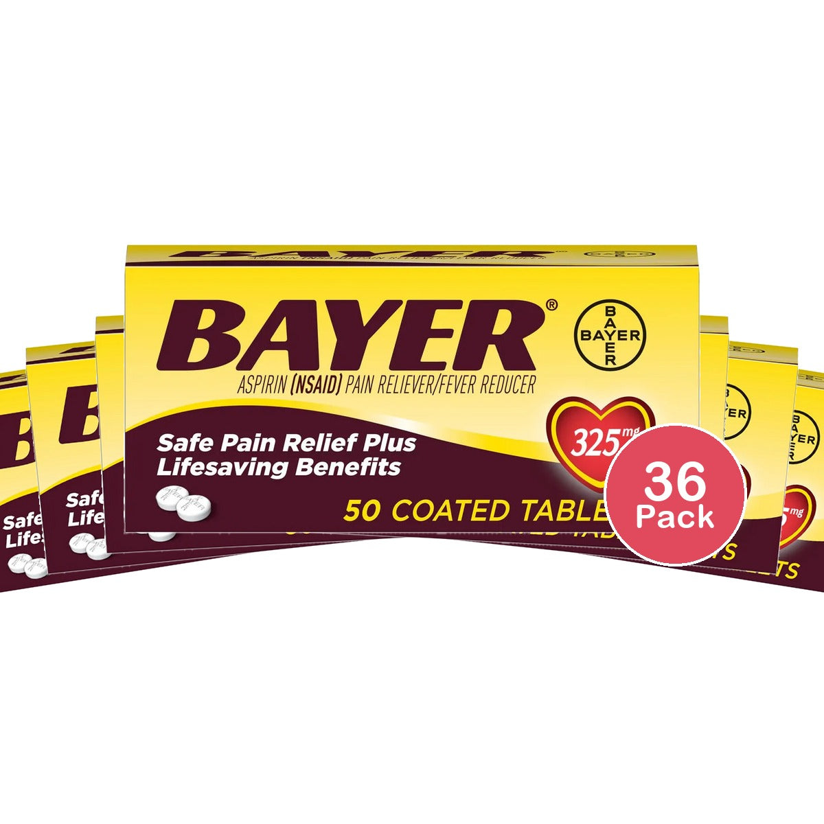 Bayer Genuine Aspirin 325mg Pain Reliver/Fever Reducer Tablets 50 Ea 9.6oz (Pack of 36)