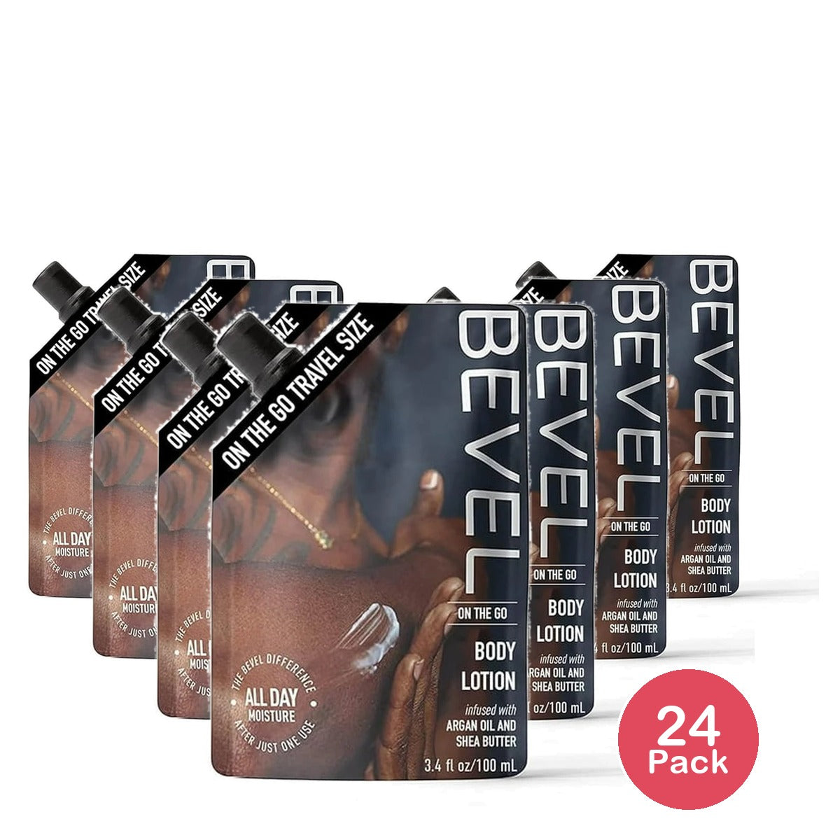 Bevel All Day Body Lotion for Men with Shea Butter & Argan Oil, On-The-Go Pouch – 3.4 Fl. Oz (Pack of 24)