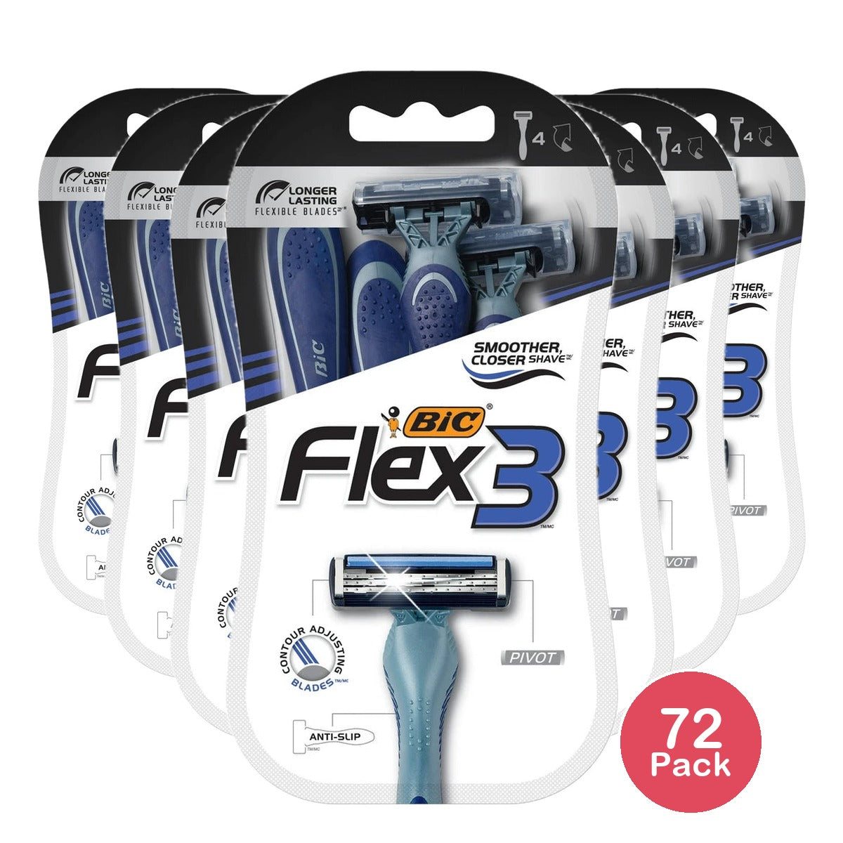 BIC Flex 3 Titanium Disposable Razor Three Blade Navy 4 Pack 3.2 Oz (Pack of 72)