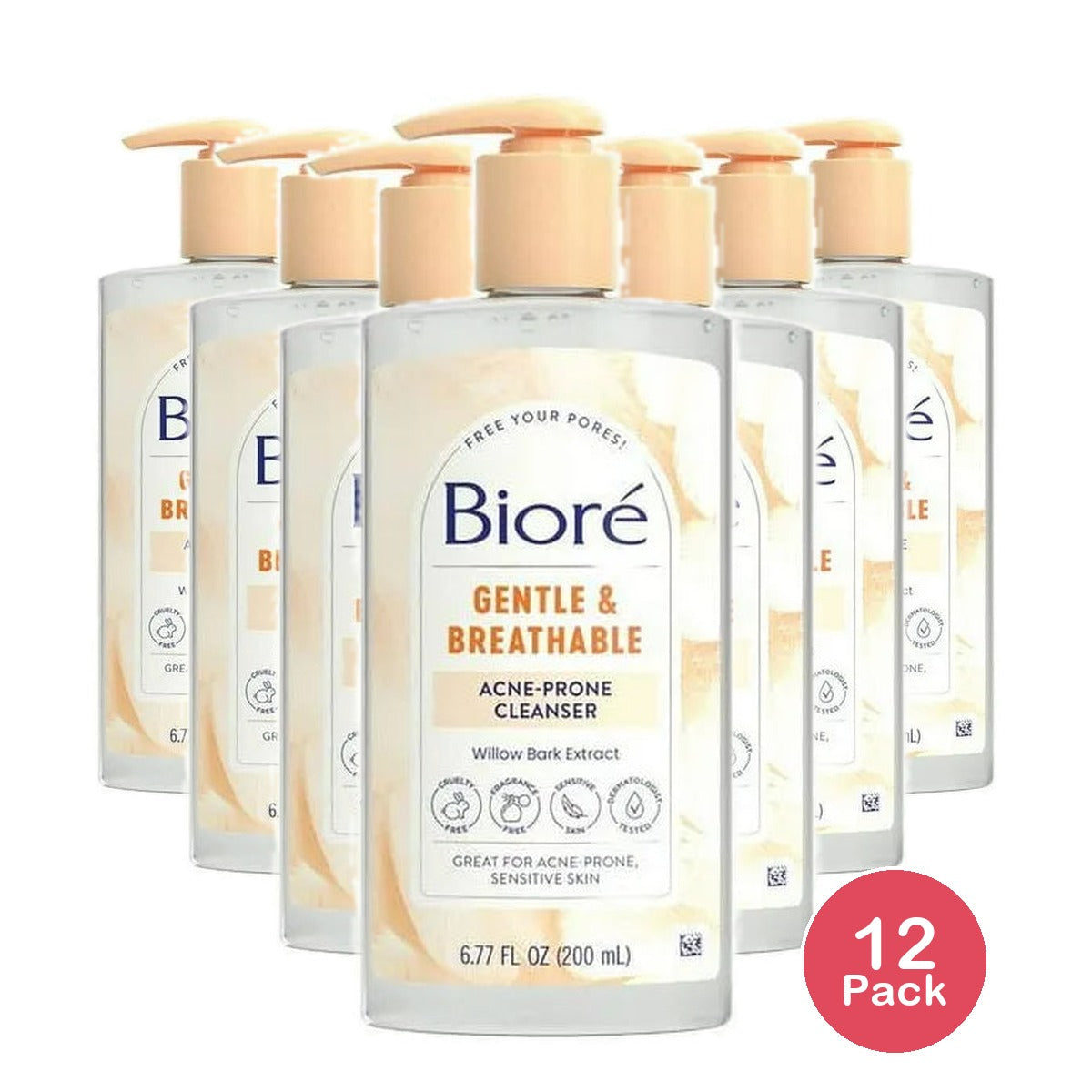Biore Gentle & Breathable Acne Face Wash Gentle Face Cleanser for Women and Men Fragrance Free 6.77 Oz (Pack of 12)