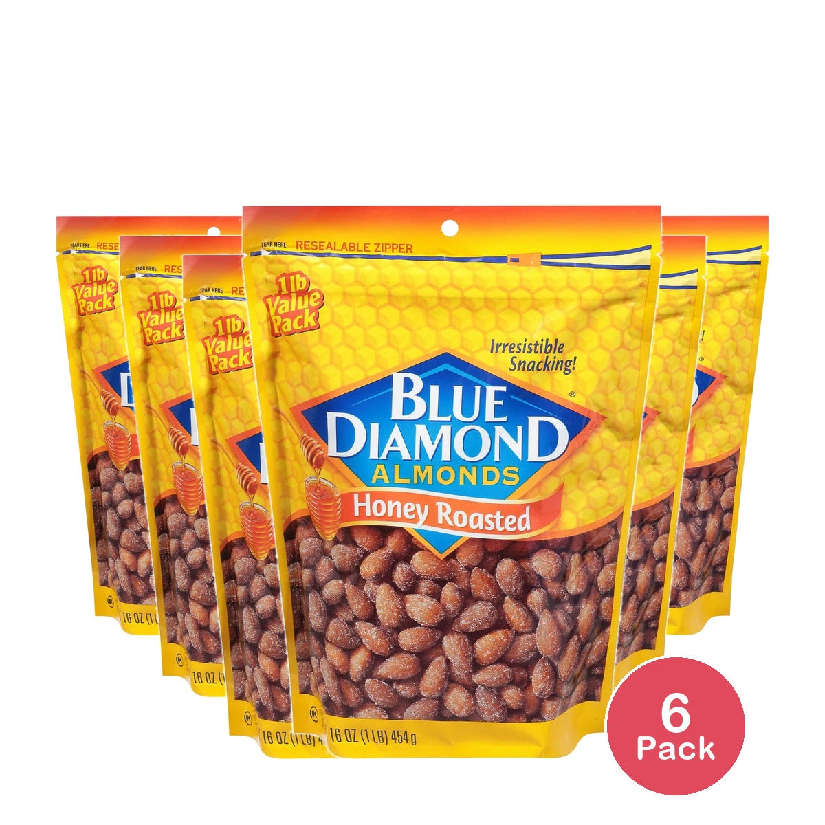 Blue Diamond Honey Roasted Aslmonds 16 Bag 16oz (Pack of 6)