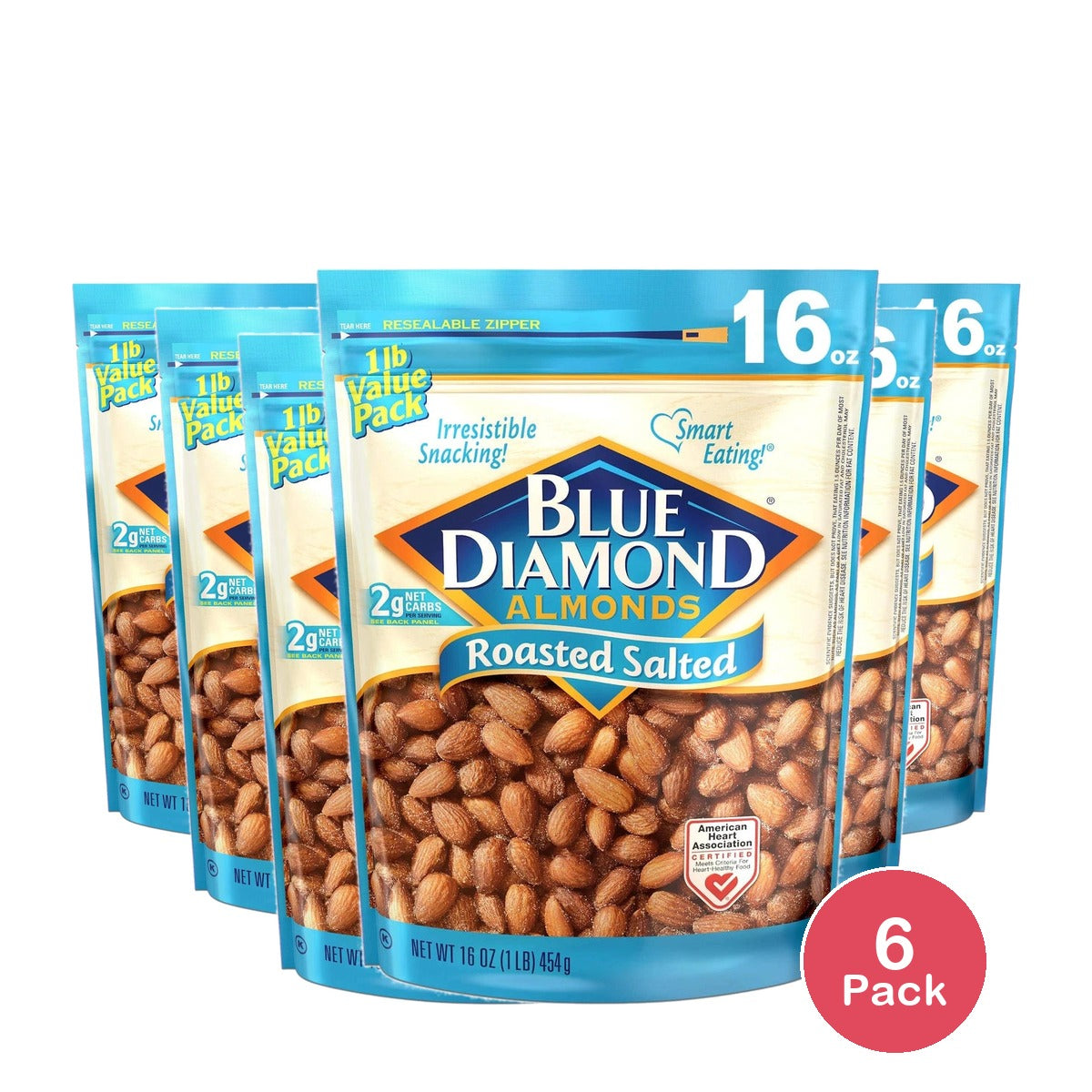 Blue Diamond Roasted Almonds Salted Bag 16 oz (Pack of 6)