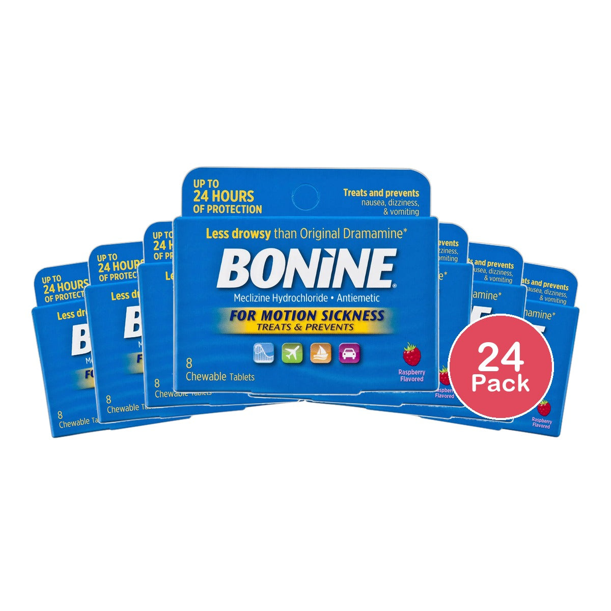 Bonine For Motion Sickness Chewable Tablets Raspberry Flavored8 ea (Pack of 24)
