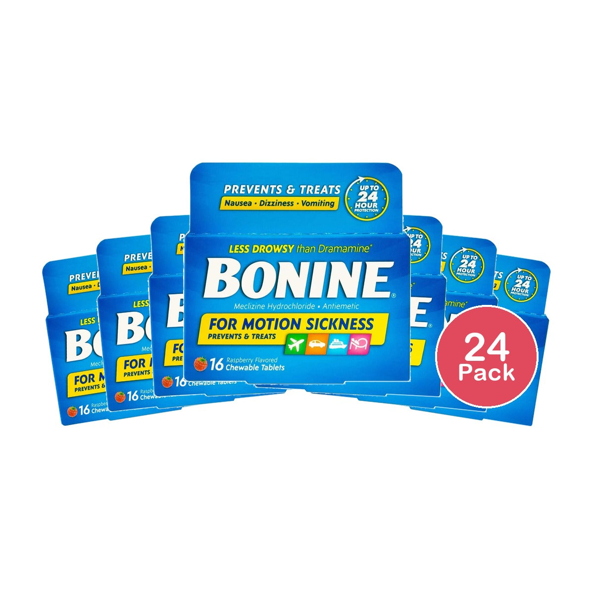Bonine Motion Sickness Protection Chewable Tablets Raspberry 0.42Oz(Pack Of 24)