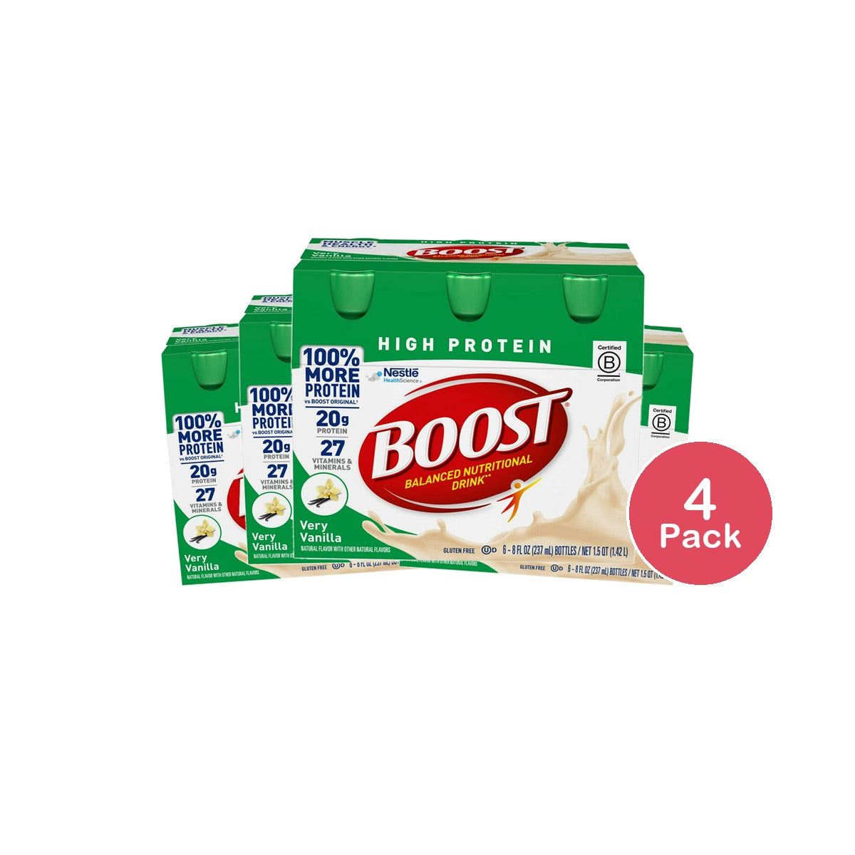 Boost High Protein Nutritional Drink Very Vanilla 20 g Protein 6 - 8 fl OZ (Pack of 4)