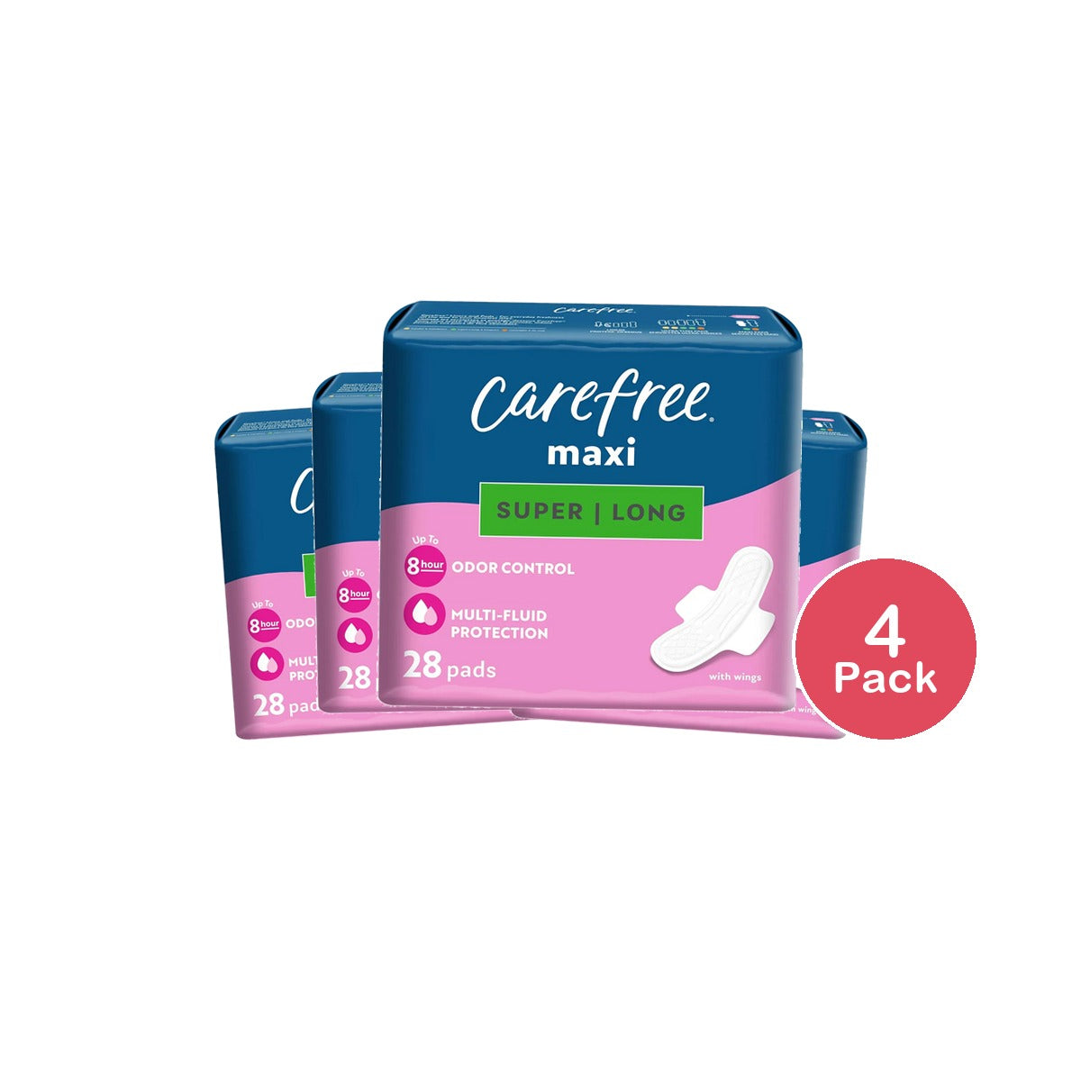 Carefree Maxi Pads for Women Super/Long Pads With Wings 28ct 11.99oz (Pack of 4)