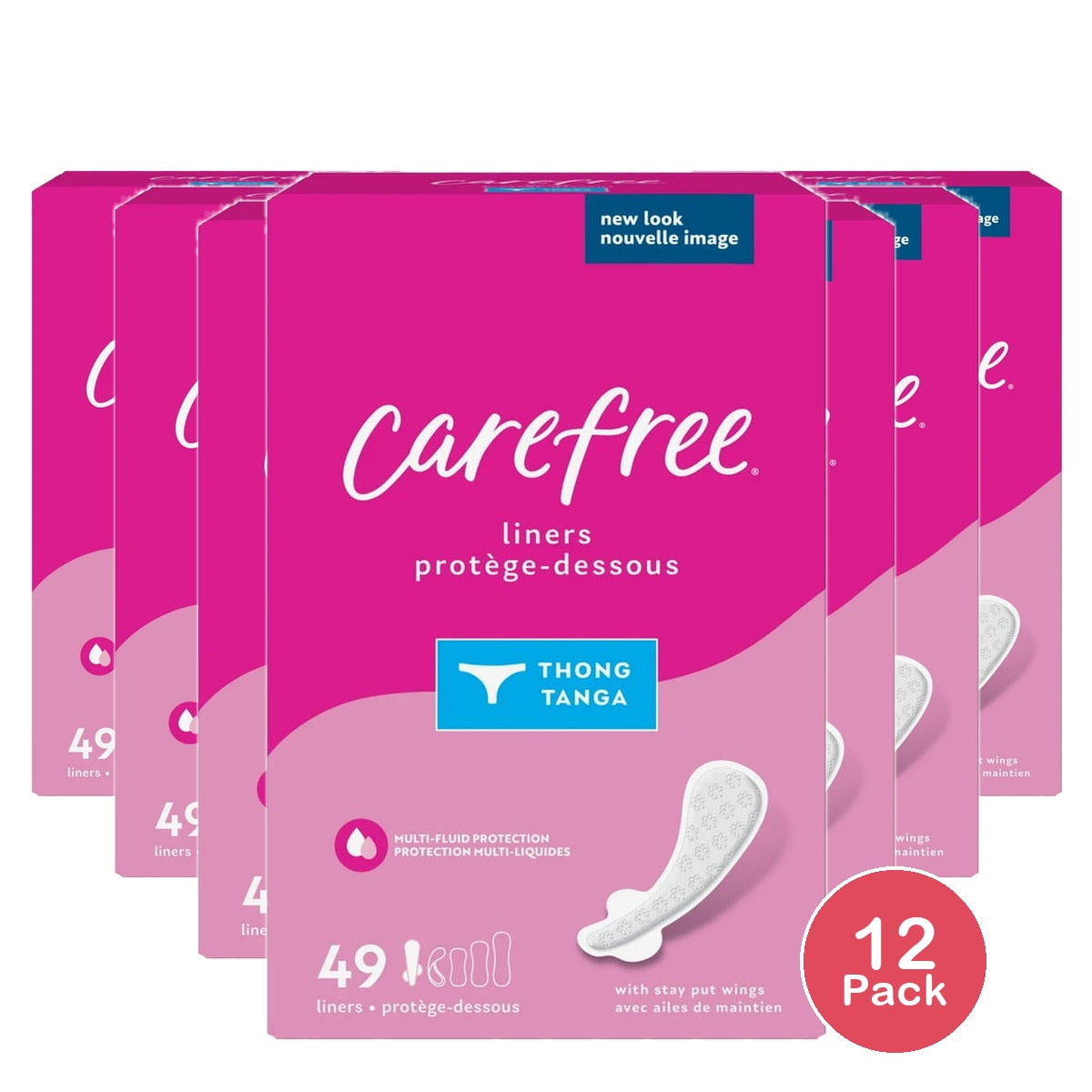 Carefree Thong Panty Liners With Wings Flat Unscented 49ct (Pack of 12)