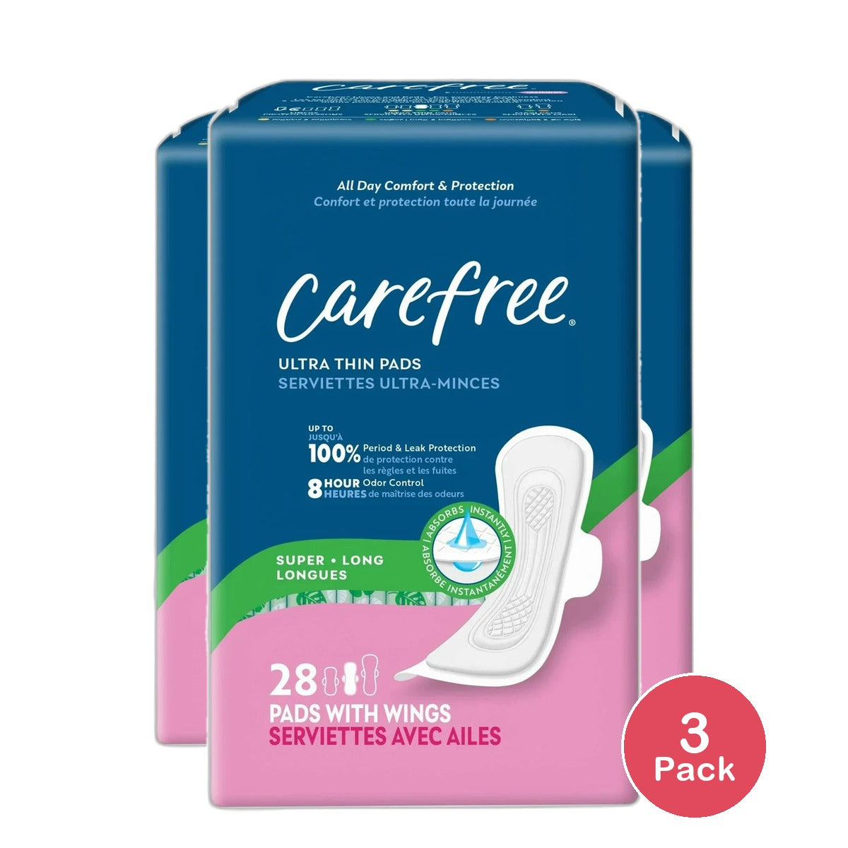 Carefree Ultra Thin Super/Long Pads with Wings 11.99oz (Pack of 3)