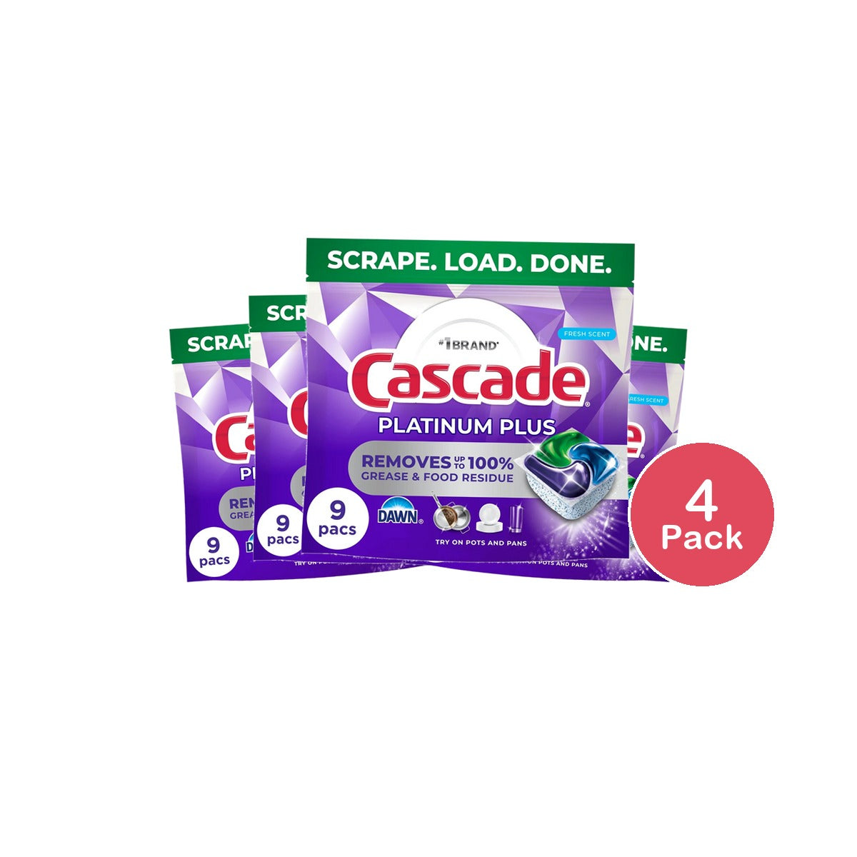 Cascade Platinum Plus Dishwasher Pods Fresh 9 Count (Pack of 4)
